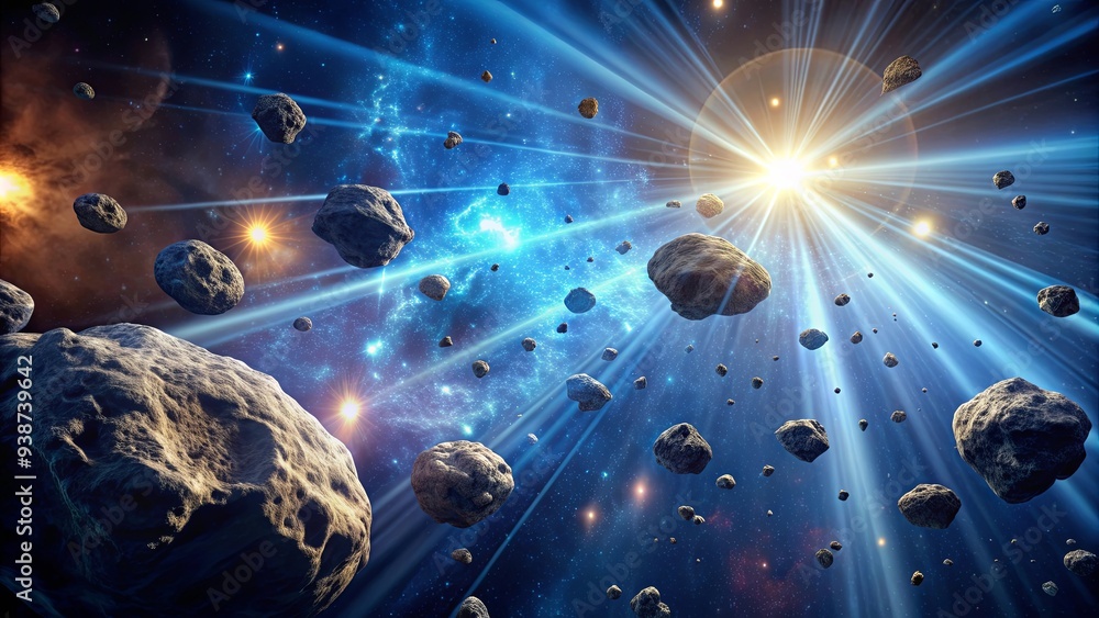 Asteroid field with abstract light rays in deep space panoramic, asteroid field, deep space, mega asteroid Asteroid field with abstract light rays in deep space panoramic, asteroid field, deep space, mega asteroid