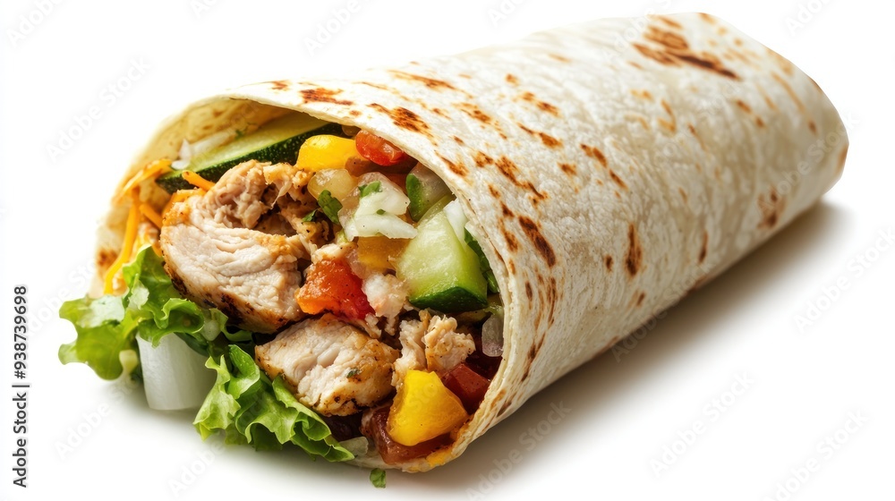 burrito with chicken meat and vegetables in flight on a white background burrito with chicken meat and vegetables in flight on a white background
