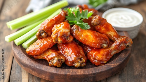 Juicy chicken wings covered in hot sauce, glistening with heat, served with celery sticks and ranch photo