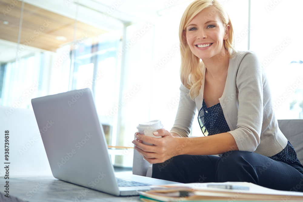Coffee, laptop and portrait with woman employee at desk in office for administration or planning. Computer, information and research with business person in workplace for agenda or online schedule Coffee, laptop and portrait with woman employee at desk in office for administration or planning. Computer, information and research with business person in workplace for agenda or online schedule