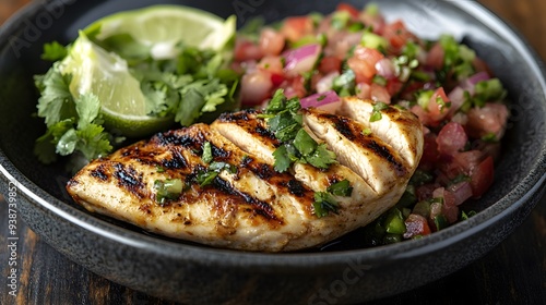 Juicy grilled chicken breast with a side of fresh salsa, light and healthy, perfect for summer