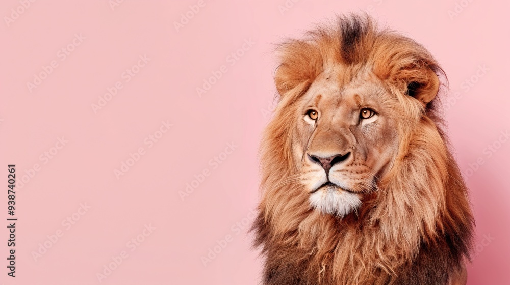 Majestic male lion with full mane looking directly at camera against pink background showcasing powerful feline beauty in studio portrait setting Majestic male lion with full mane looking directly at camera against pink background showcasing powerful feline beauty in studio portrait setting