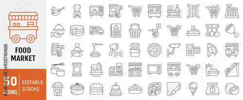 Food market icon collection set. Containing trolley, basket, grocery store, grocerant, consumer, food, vegetable, meal icon. Simple line vector.