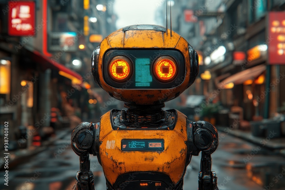 A rusty robot standing in a city. This image can be used for a concept of artificial intelligence or technology in the future. A rusty robot standing in a city. This image can be used for a concept of artificial intelligence or technology in the future.