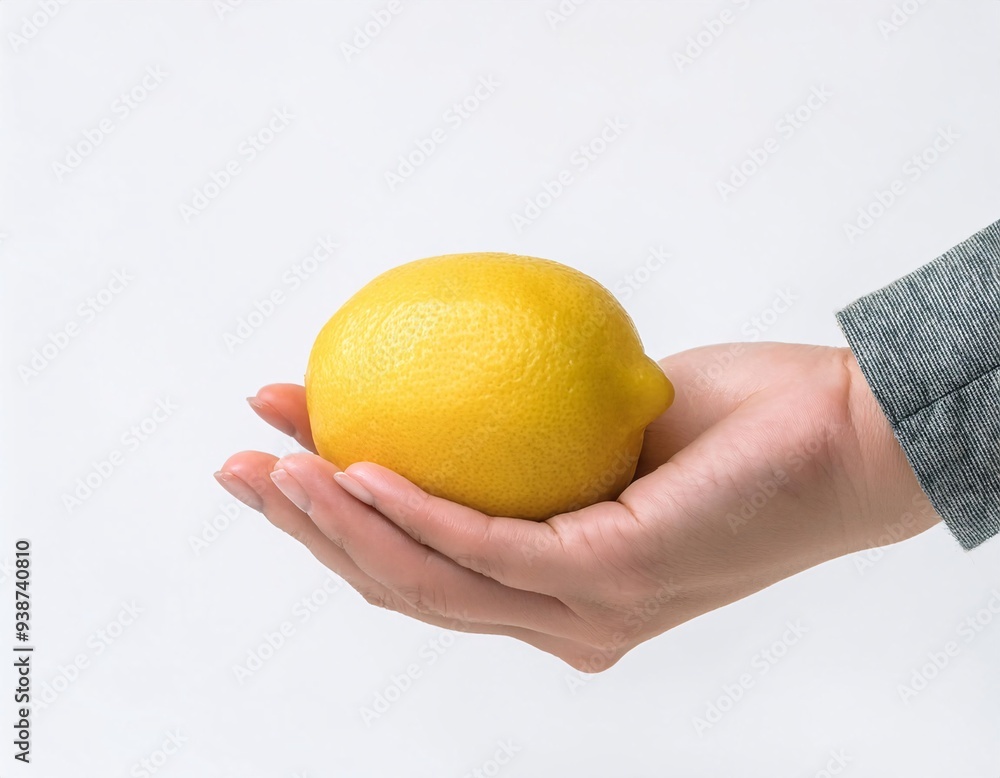 hand holding a fresh lemon, highlighting its bright yellow color and smooth skin texture. generative ai hand holding a fresh lemon, highlighting its bright yellow color and smooth skin texture. generative ai