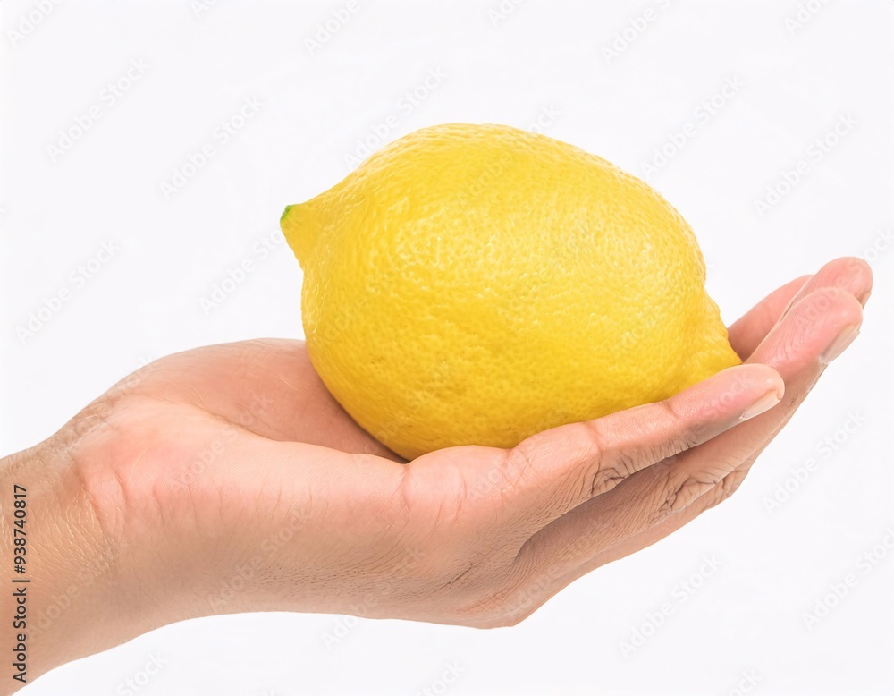 hand holding a fresh lemon, highlighting its bright yellow color and smooth skin texture. generative ai hand holding a fresh lemon, highlighting its bright yellow color and smooth skin texture. generative ai