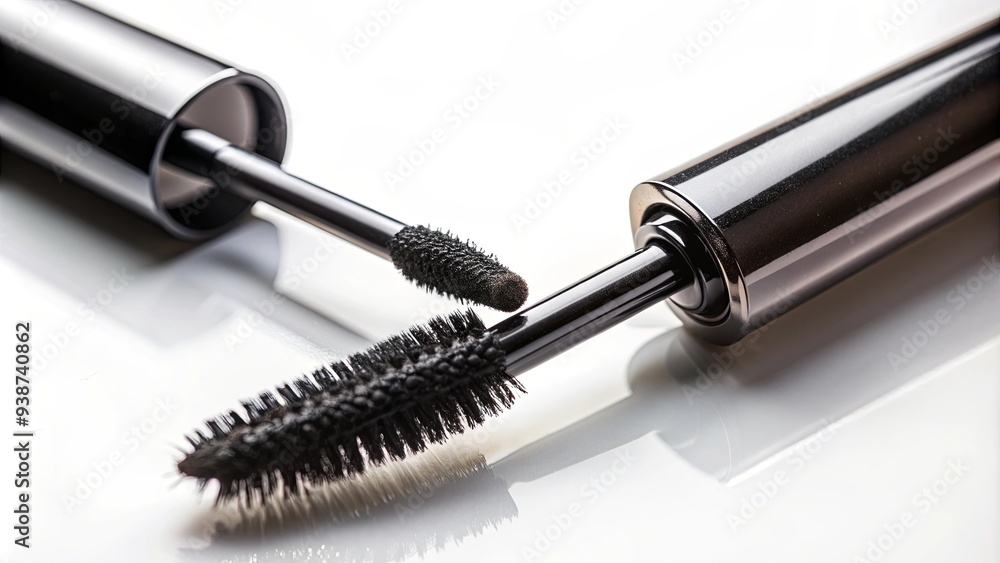 Close-up of a mascara wand with black liquid formula on a white background, makeup, beauty, cosmetic, brush, applicator, product Close-up of a mascara wand with black liquid formula on a white background, makeup, beauty, cosmetic, brush, applicator, product