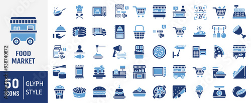 Food market icon collection set. Containing trolley, basket, grocery store, grocerant, consumer, food, vegetable, meal icon. Simple flat vector.