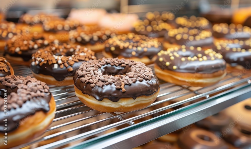 A row of fresh, chocolate-glazed donuts with various toppings displayed on a metal rack in a bakery, creating a tempting and delicious vibe. A row of fresh, chocolate-glazed donuts with various toppings displayed on a metal rack in a bakery, creating a tempting and delicious vibe.