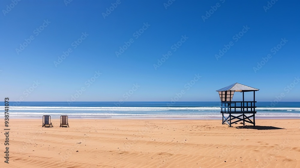 Solitude at Dusk: Deserted Beach with Abandoned Lifeguard Tower, Serene Ocean Views, and the Last Glimpses of Sunlight on a Tranquil Day Solitude at Dusk: Deserted Beach with Abandoned Lifeguard Tower, Serene Ocean Views, and the Last Glimpses of Sunlight on a Tranquil Day