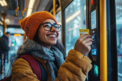 Young woman buying ticket on bus with smile photo