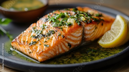 Juicy salmon fillet with a crispy skin, served with a lemon butter sauce, light and flavorful