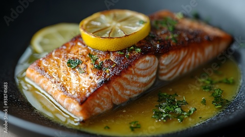 Juicy salmon fillet with a crispy skin, served with a lemon butter sauce, light and flavorful