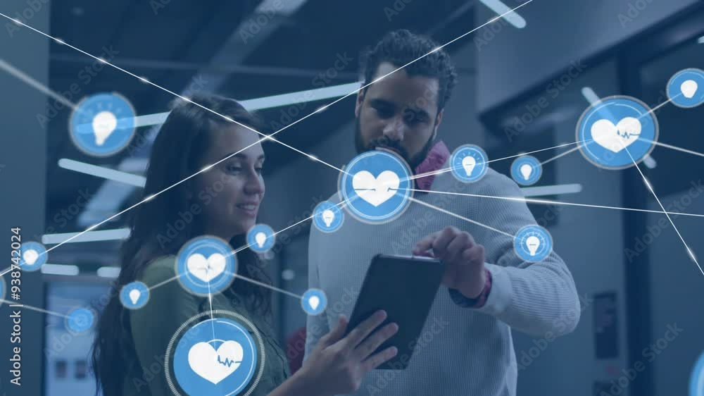 Network of healthcare icons and connections animation over people using tablet Network of healthcare icons and connections animation over people using tablet