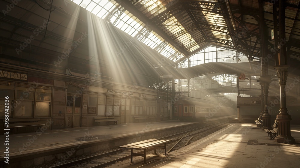 Serene Solitude: Abandoned Train Station Bathed in Sunlight, a Tranquil Echo of the Past, with Deserted Platform and Old Benches under an Open Roof Serene Solitude: Abandoned Train Station Bathed in Sunlight, a Tranquil Echo of the Past, with Deserted Platform and Old Benches under an Open Roof