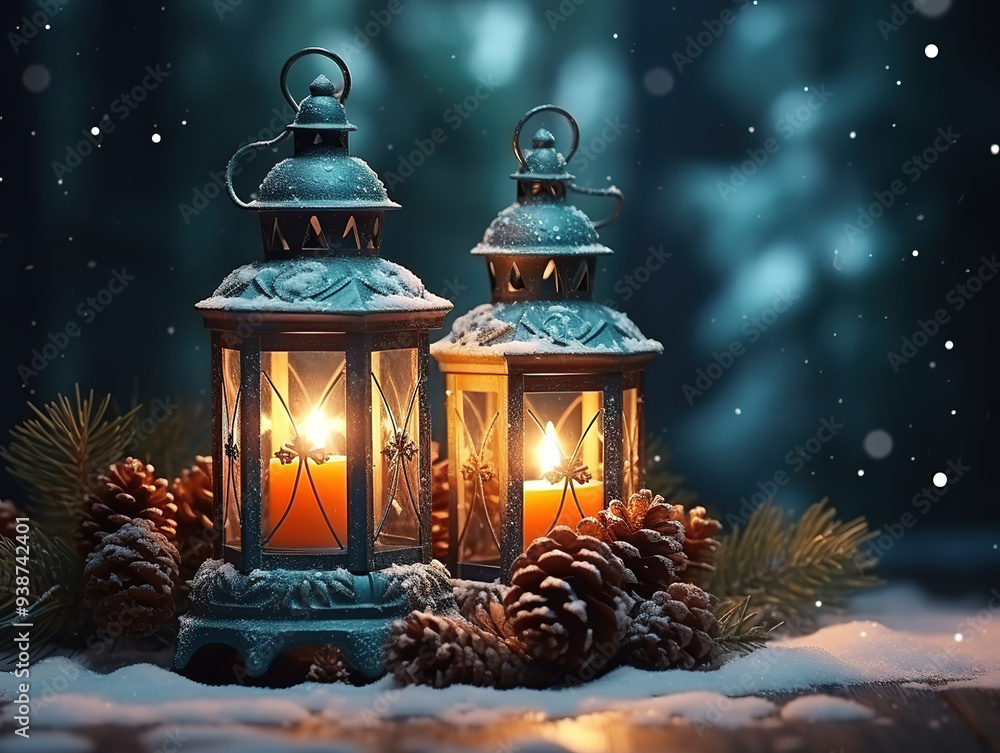 Closeup of Christmas Lantern in snow with winter forest background Closeup of Christmas Lantern in snow with winter forest background