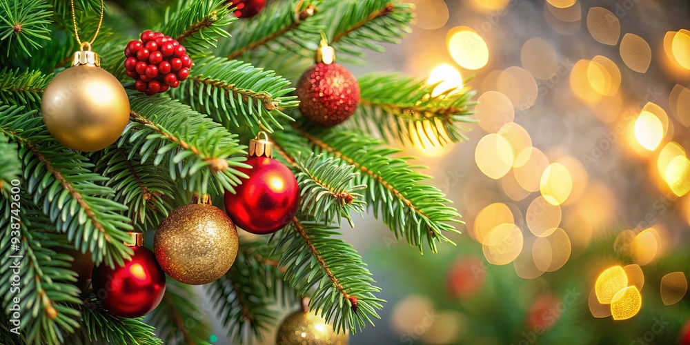 Close up of Christmas tree branches and ornament, festive, holiday, decorations, traditional, seasonal, winter, evergreen Close up of Christmas tree branches and ornament, festive, holiday, decorations, traditional, seasonal, winter, evergreen