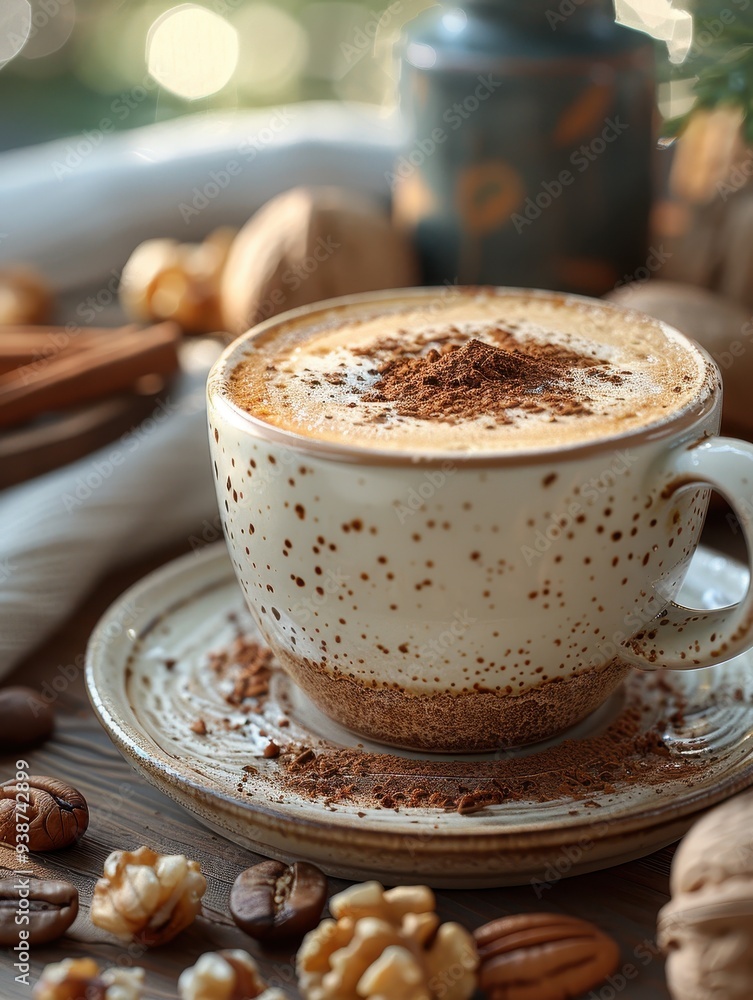 Close-up of a ceramic cup filled with frothy coffee, topped with cinnamon and cocoa powder, surrounded by nuts, caramel popcorn, and a rustic table setting. Close-up of a ceramic cup filled with frothy coffee, topped with cinnamon and cocoa powder, surrounded by nuts, caramel popcorn, and a rustic table setting.