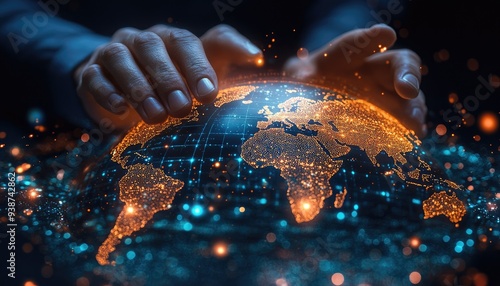 Hands cradling a glowing globe. This image represents global connection, communication, and unity. photo