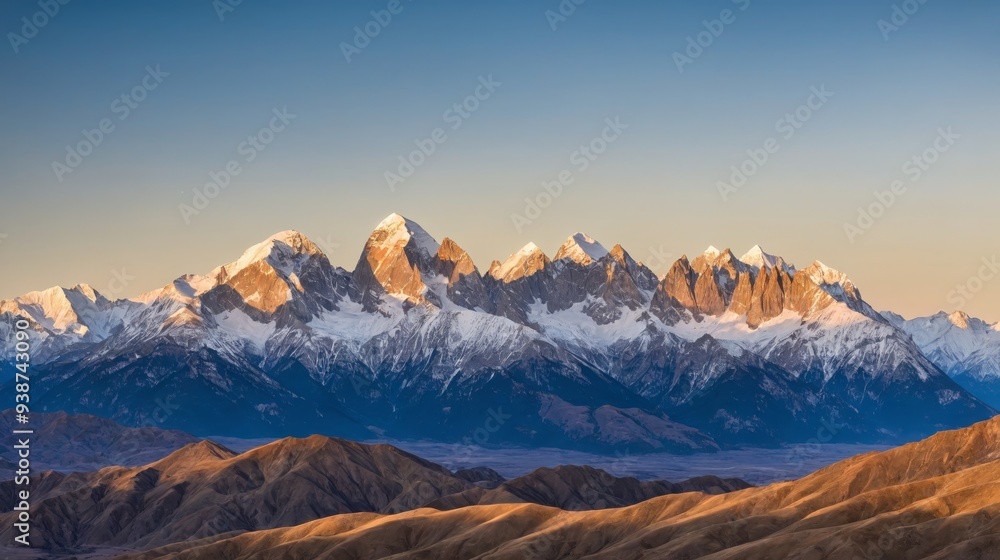 Golden sunlight illuminates the rugged peaks of a snow-capped mountain range under a clear blue sky, with a single cloud floating above. A perfect blend of serenity and majesty.
Golden sunlight illuminates the rugged peaks of a snow-capped mountain range under a clear blue sky, with a single cloud floating above. A perfect blend of serenity and majesty.