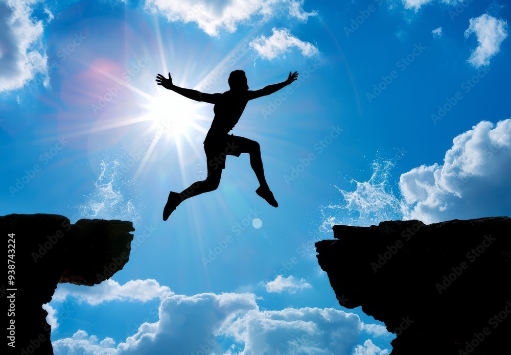 A silhouette of a man leaping over a cliff against a vivid blue sky with the sun shining brightly, symbolizing courage, ambition, and overcoming challenges A silhouette of a man leaping over a cliff against a vivid blue sky with the sun shining brightly, symbolizing courage, ambition, and overcoming challenges