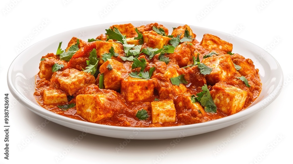 Plate of Paneer Tikka Masala on White Background. A Delicious Indian Dish Featuring Paneer Cubes in a Rich and Spicy Tomato-Based Sauce, Perfectly Presented on a Simple White Plate. Plate of Paneer Tikka Masala on White Background. A Delicious Indian Dish Featuring Paneer Cubes in a Rich and Spicy Tomato-Based Sauce, Perfectly Presented on a Simple White Plate.