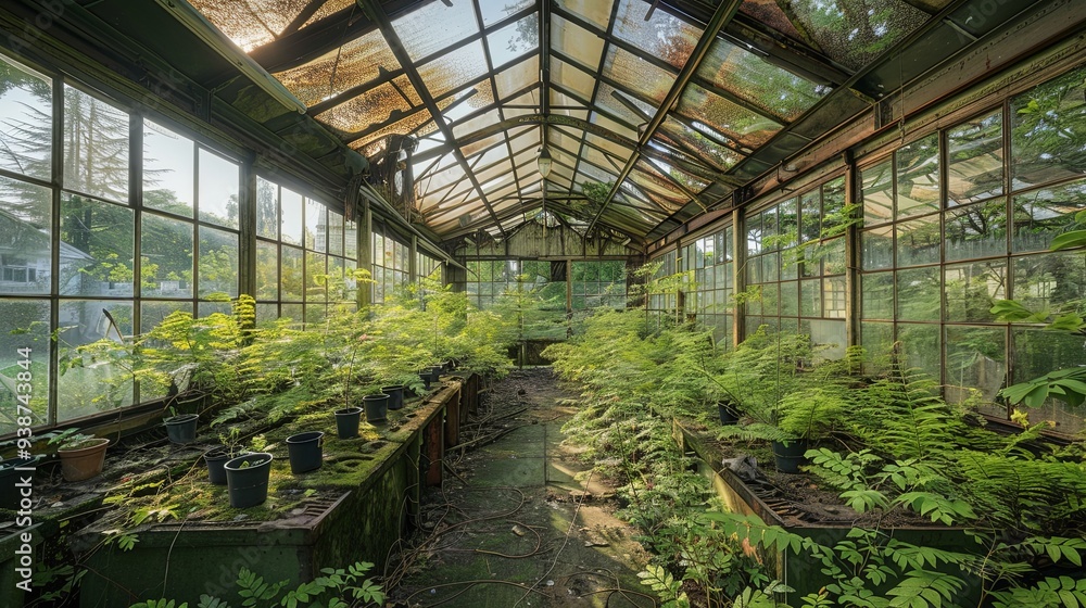 Serene Solitude: Abandoned Greenhouse Bathed in Sunlight, Rows of Plant Pots, Glass Ceiling Filtered Rays, Tranquil Garden Sanctuary Serene Solitude: Abandoned Greenhouse Bathed in Sunlight, Rows of Plant Pots, Glass Ceiling Filtered Rays, Tranquil Garden Sanctuary