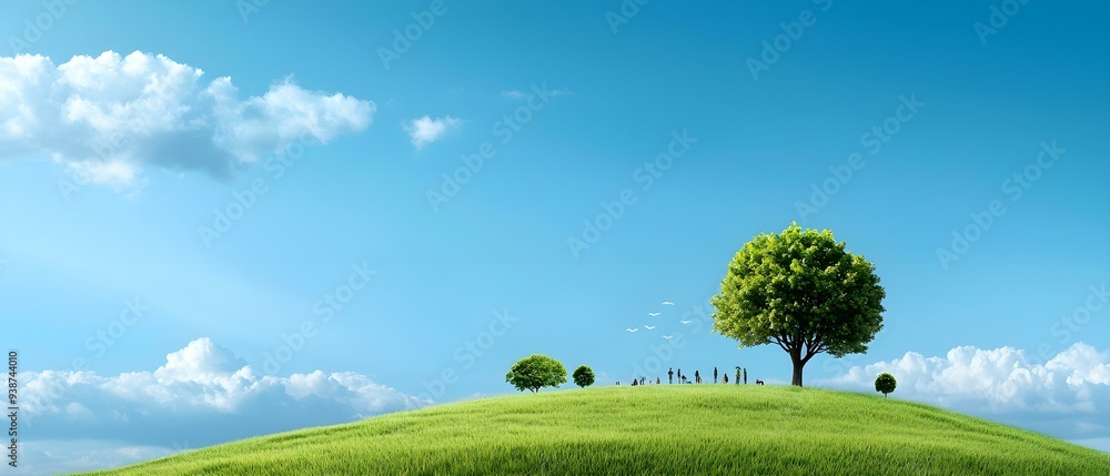 Fototapeta premium A serene landscape featuring a lush green hill, a solitary tree, and a clear blue sky, evoking tranquility and nature's beauty.
