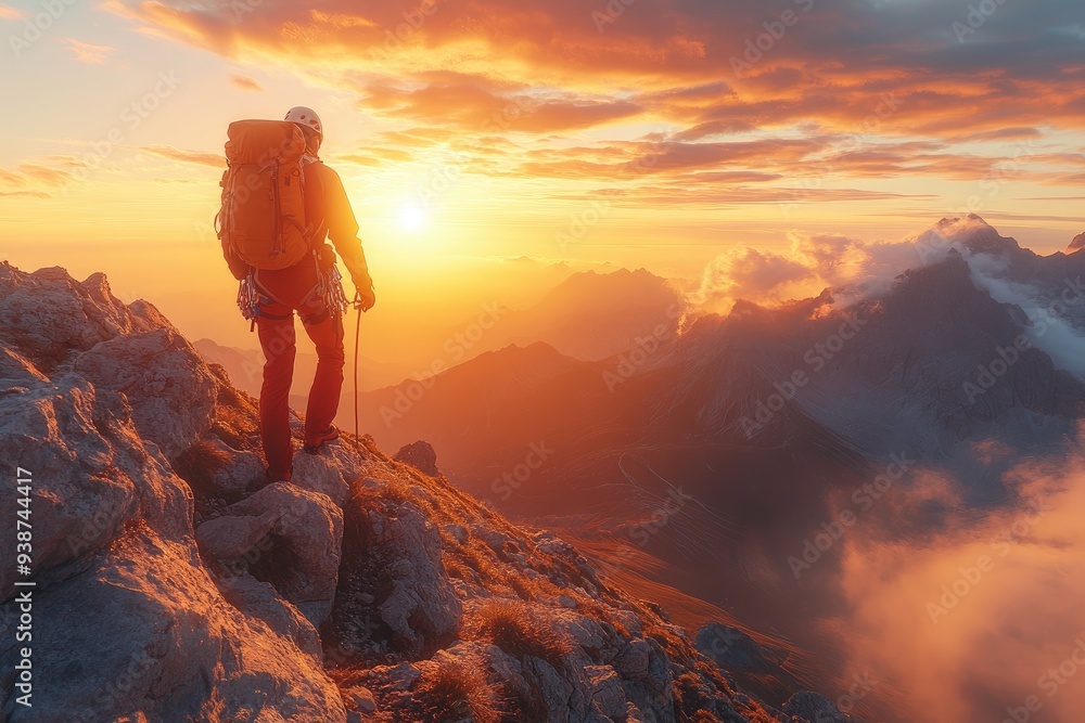 Fototapeta premium Climber standing on mountain top. This photo represents accomplishment, adventure, and the feeling of reaching a summit.