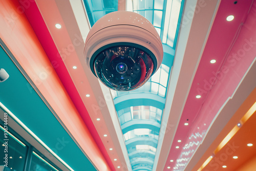 camera is suspended from the ceiling in a large building. The camera is pointed downward, capturing the space below. Concept of surveillance and control, as if the camera is watching over the people