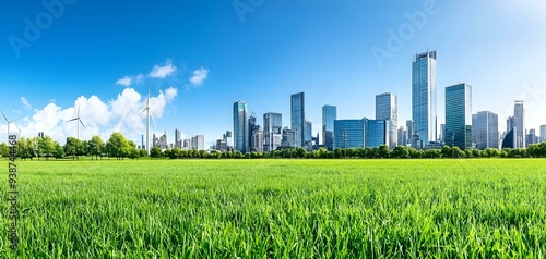 Vibrant green field meets a modern city skyline under a clear blue sky, showcasing urban nature harmony. photo