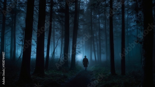 A dark, moody scene of a lone figure walking through a misty forest at night, with shadows and soft, eerie lighting creating a mysterious ambiance