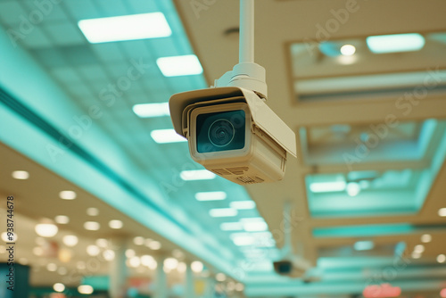 camera is hanging from the ceiling in a brightly lit room. The camera is white and has a blue screen. The room is filled with light, giving it a bright and cheerful atmosphere