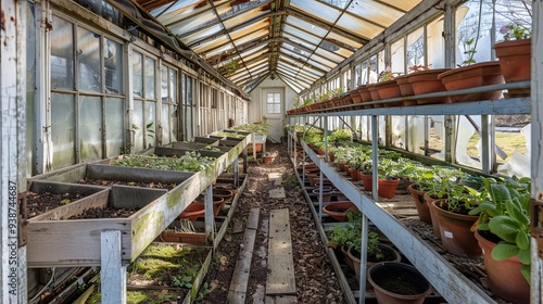 Serene Solitude: Abandoned Greenhouse Bathed in Sunlight, Rows of Plant Pots, Glass Ceiling Filtered Rays, Tranquil Garden Sanctuary