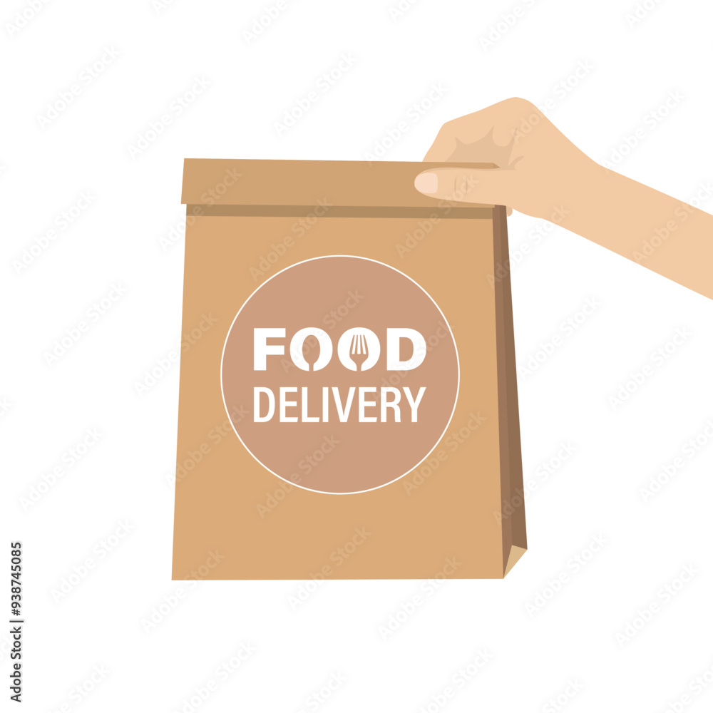 Food delivery, human hand holds paper bag. Take away paper food bag. Food delivery from restaurants, cafes and supermarkets. Client or seller holds package. Food delivery, human hand holds paper bag. Take away paper food bag. Food delivery from restaurants, cafes and supermarkets. Client or seller holds package.