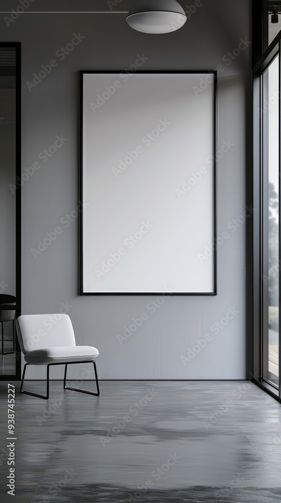 Minimalist room with a large blank canvas on the wall, a single modern white chair, and floor-to-ceiling windows creating a serene ambiance. Minimalist room with a large blank canvas on the wall, a single modern white chair, and floor-to-ceiling windows creating a serene ambiance.