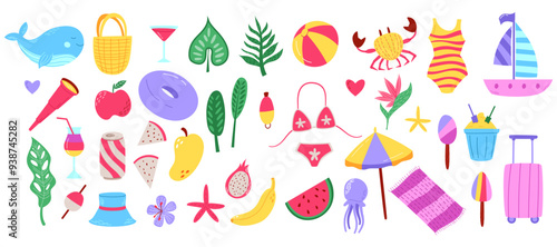 Summer beach. Tropical trip cartoon icons. Hat and bikini. Fresh watermelon. Jungle flower. Fun travel party. Fruit ice cream. Tourists camera. Vacation cute sticker. Vector garish journey badges set