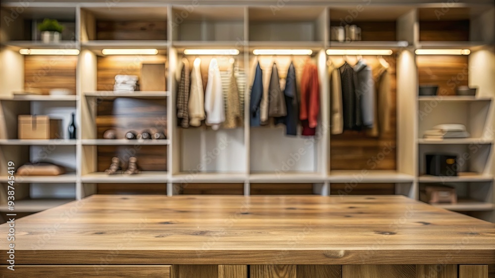 Empty wooden table with a blurred closet background for product display or montage, wooden, table, empty, blur, closet Empty wooden table with a blurred closet background for product display or montage, wooden, table, empty, blur, closet