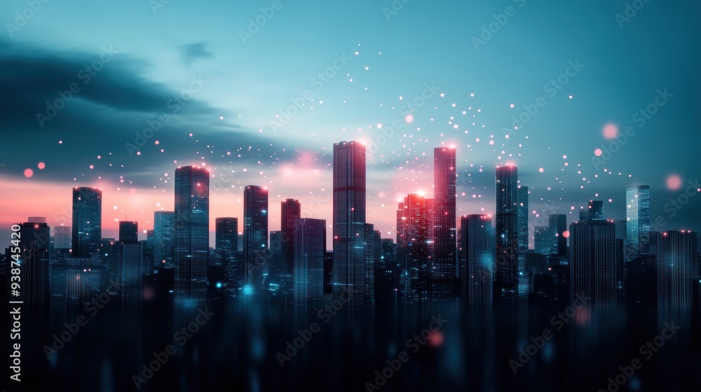 Fototapeta premium A futuristic cityscape with data centers and network infrastructure, symbolizing the complex architecture required for managing big data.