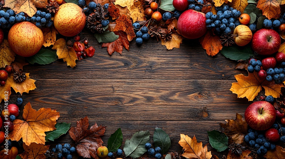 Autumn-themed arrangement with colorful leaves and fruits, perfect for Thanksgiving and Halloween celebrations, with copy space. Autumn-themed arrangement with colorful leaves and fruits, perfect for Thanksgiving and Halloween celebrations, with copy space.