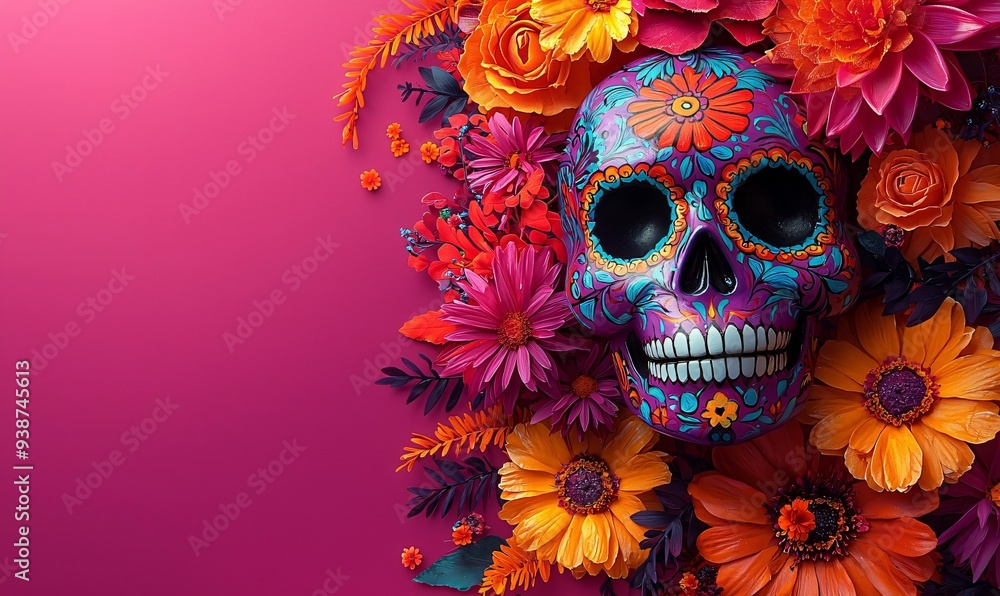 Vibrant Halloween design featuring a colorful Mexican calavera surrounded by flowers, perfect for Dia de los Muertos celebrations and promotional materials with copy space. Vibrant Halloween design featuring a colorful Mexican calavera surrounded by flowers, perfect for Dia de los Muertos celebrations and promotional materials with copy space.