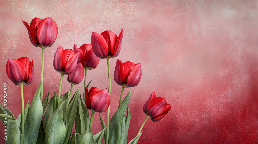 A charming and uplifting scene featuring beautiful red tulips set against a light red background. The tulips, with their vibrant red petals and green stems, stand out vividly against the soft, pastel A charming and uplifting scene featuring beautiful red tulips set against a light red background. The tulips, with their vibrant red petals and green stems, stand out vividly against the soft, pastel