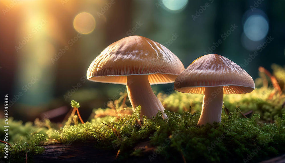 Fototapeta premium A close up of two mushrooms on a moss 