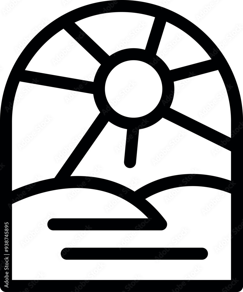 Minimal line art illustration featuring a view of a sunny landscape through an arched window Minimal line art illustration featuring a view of a sunny landscape through an arched window