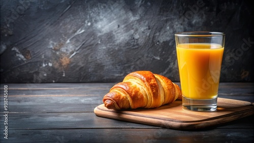 Freshly baked croissant with a glass of orange juice, breakfast, bakery, pastry, morning, delicious, French, brunch, flaky photo