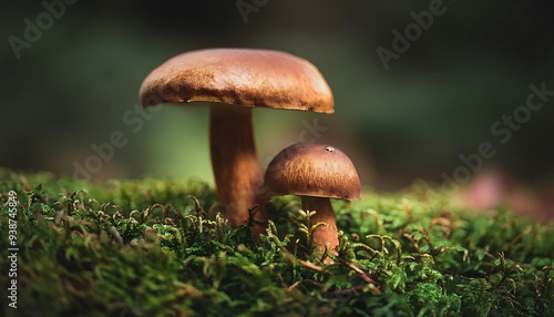 A close up of two mushrooms on a moss 