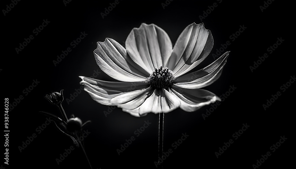 Obraz premium A black and white photograph captures a flower with a lengthy central stem