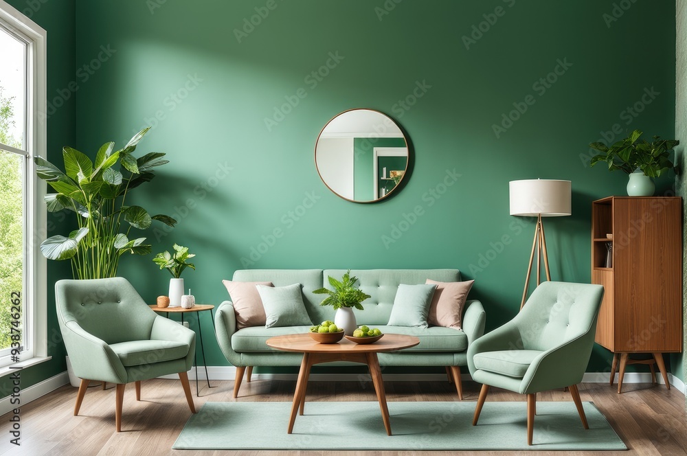 Mint color chairs at round wooden dining table in room with sofa and cabinet near green wall. Scandinavian, mid-century home interior design of modern living room Mint color chairs at round wooden dining table in room with sofa and cabinet near green wall. Scandinavian, mid-century home interior design of modern living room