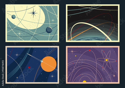 Space Posters Vector Template. Mid Century Modern Space Age Posters Style Background, 1950s - 1960s Colors and Shapes 
