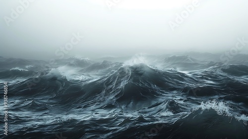 Breathtaking photograph of turbulent waves crashing in the ocean on a foggy day. The image captures the raw power and beauty of nature.